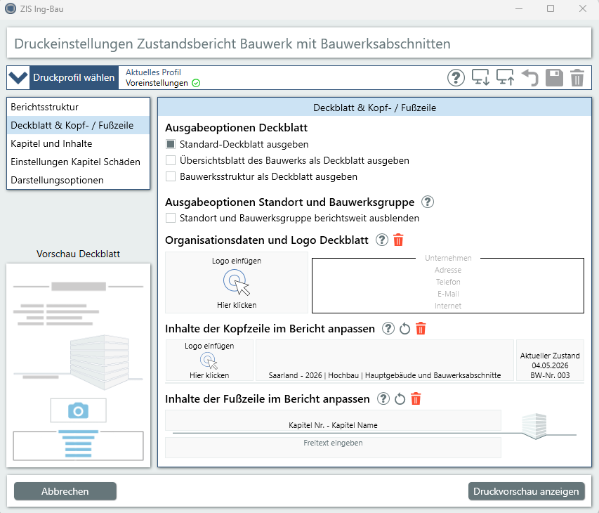 Druck Bauwerksbericht Kopf und Fußzeile 