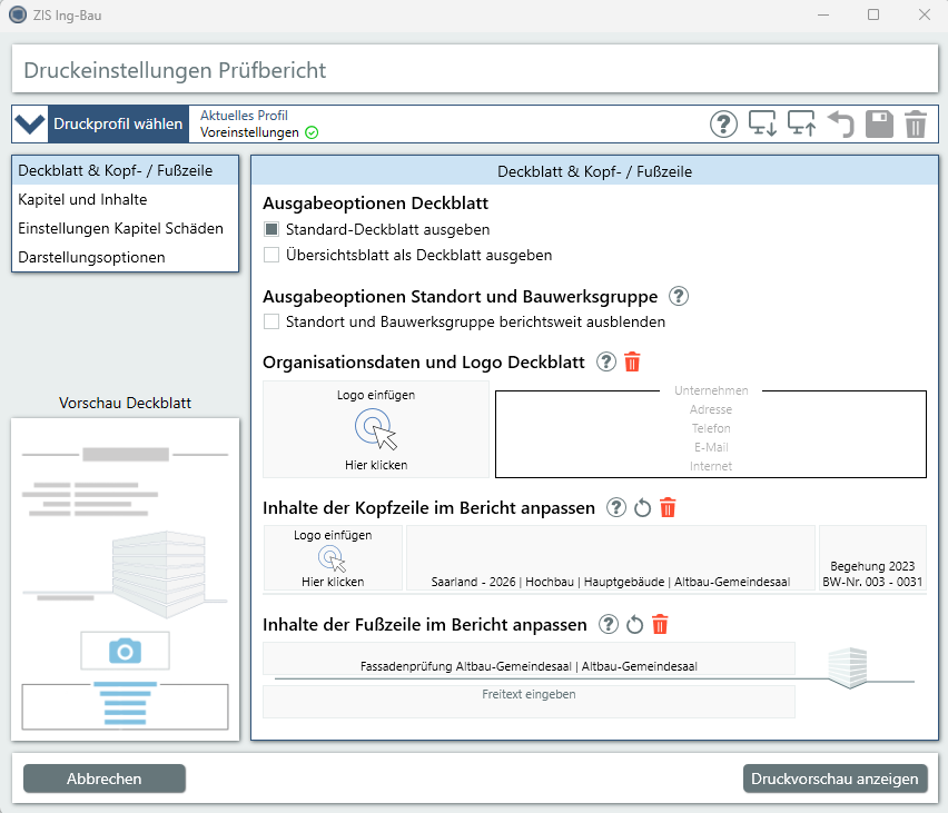Drucken Prüf/Zustandsbericht Deckblatt Kopf/Fußzeile