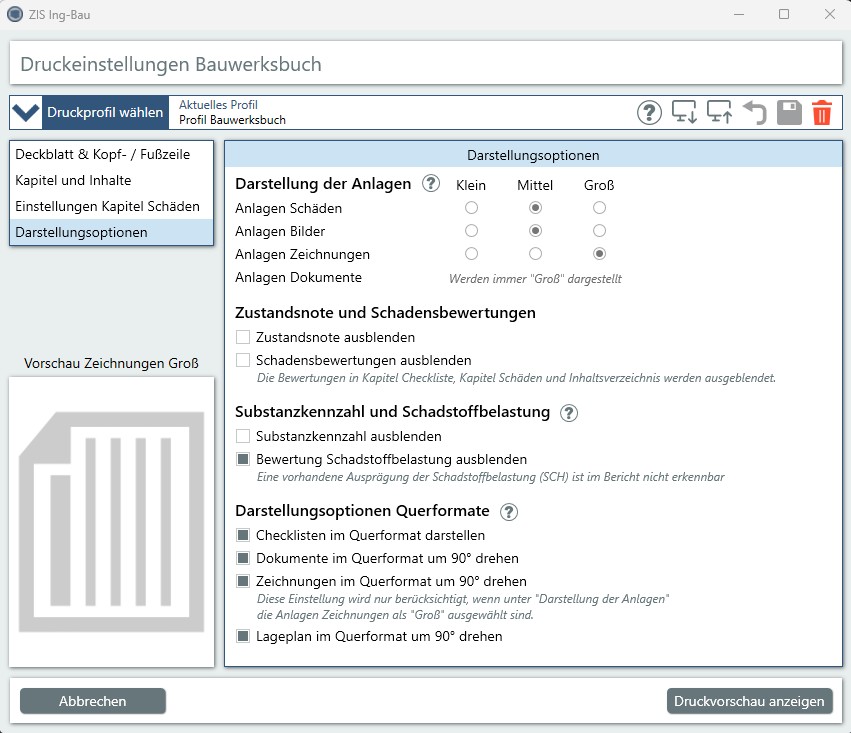Fenster Druckeinstellungen Bauwerksbuch - Darstellungsoptionen 