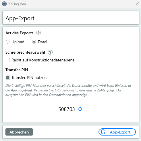 App-Export Auswahlfenster