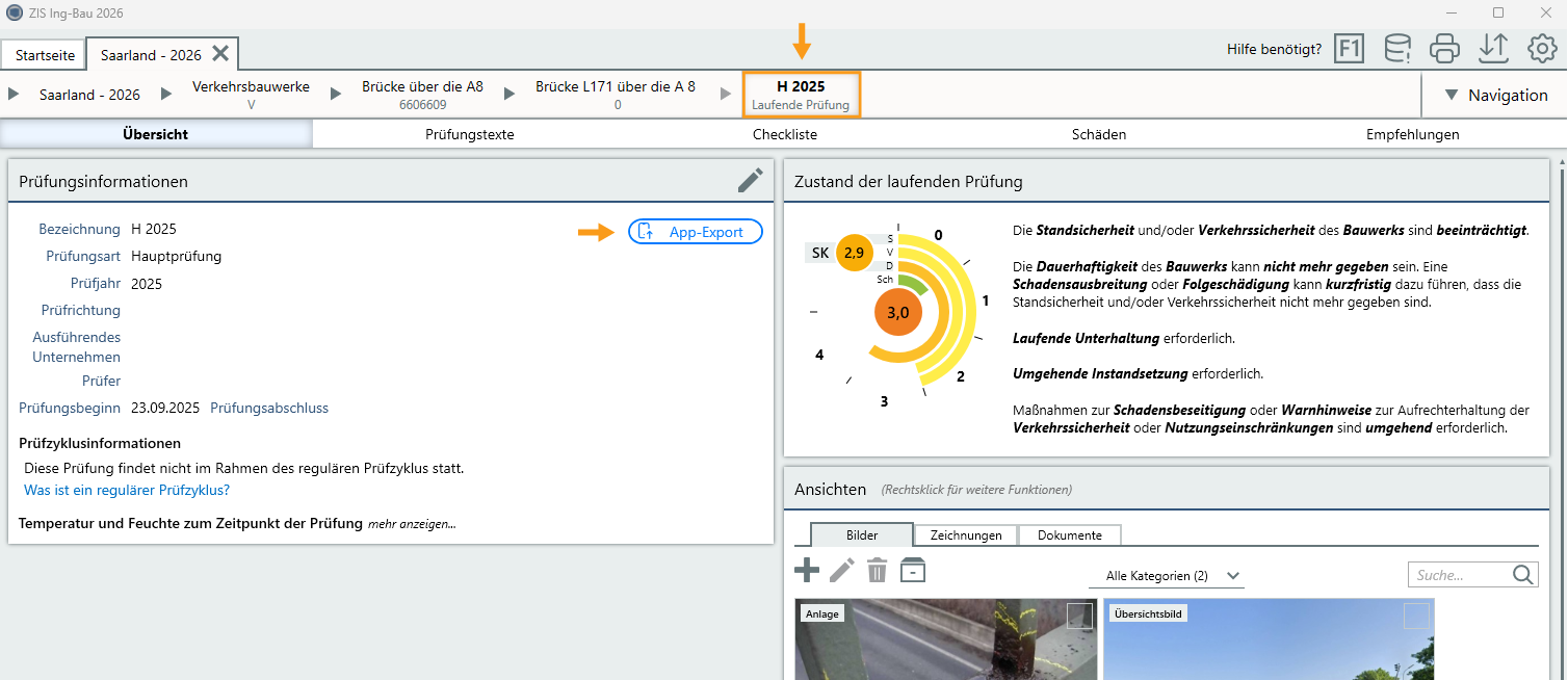 App-Export in Laufende Prüfung